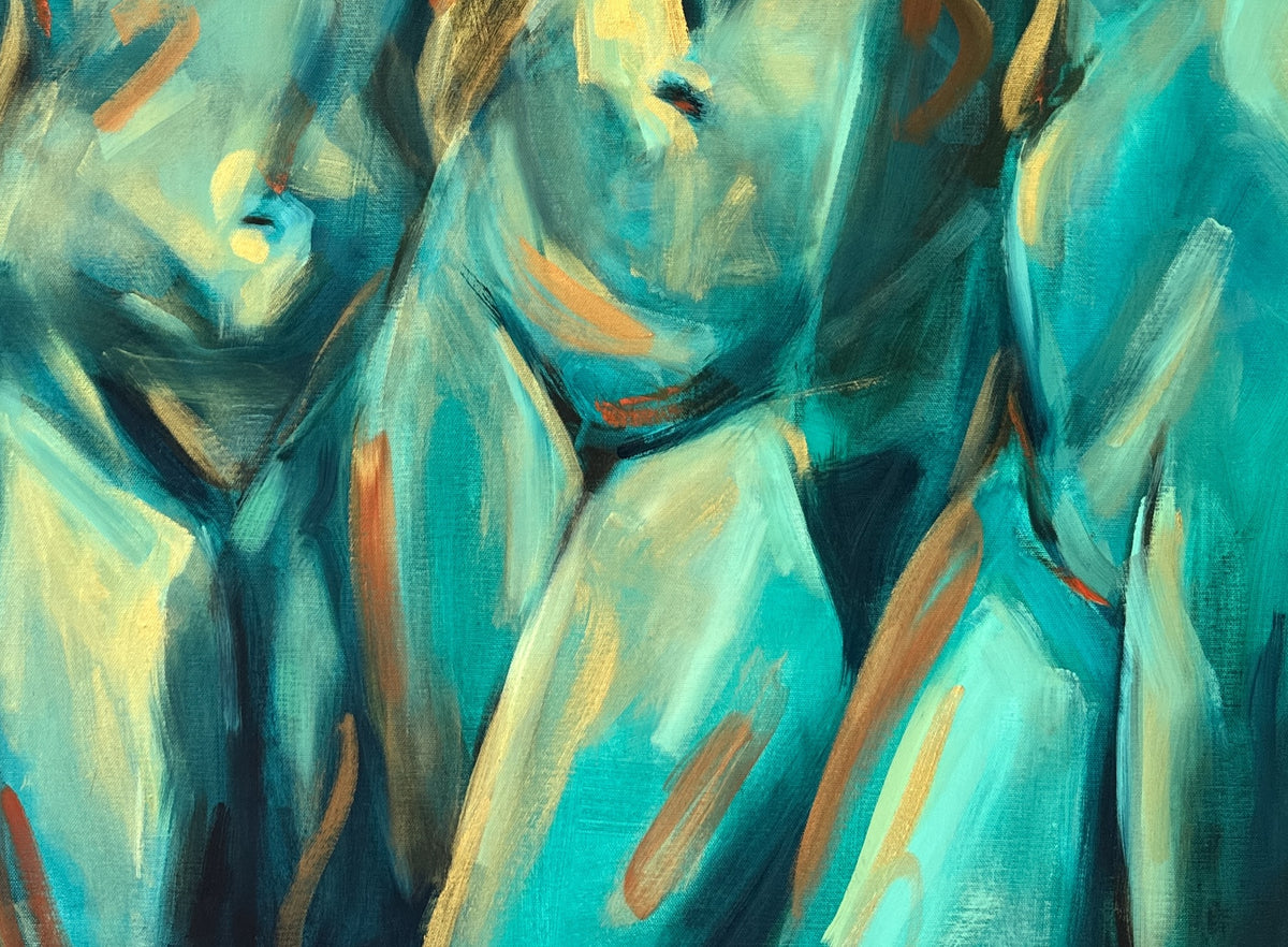 Golden Celebration by Roberta Heslop: detail of expressive turquoise and golden-coloured oil paint on canvas