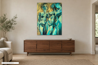 Golden Celebration by Roberta Heslop shown as an unframed deep-edge canvas in a home interior visualisation; approximate scale