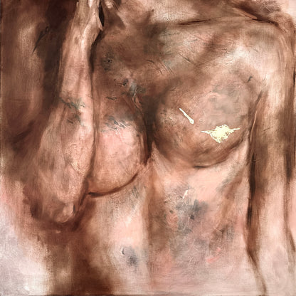 Golden Now by Roberta Heslop: female torso in warm earth tones with a gold leaf accent