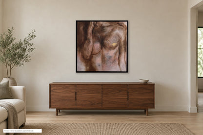 Golden Now by Roberta Heslop in its photographed dark brown floating frame above a walnut sideboard; interior visualisation at approximate scale