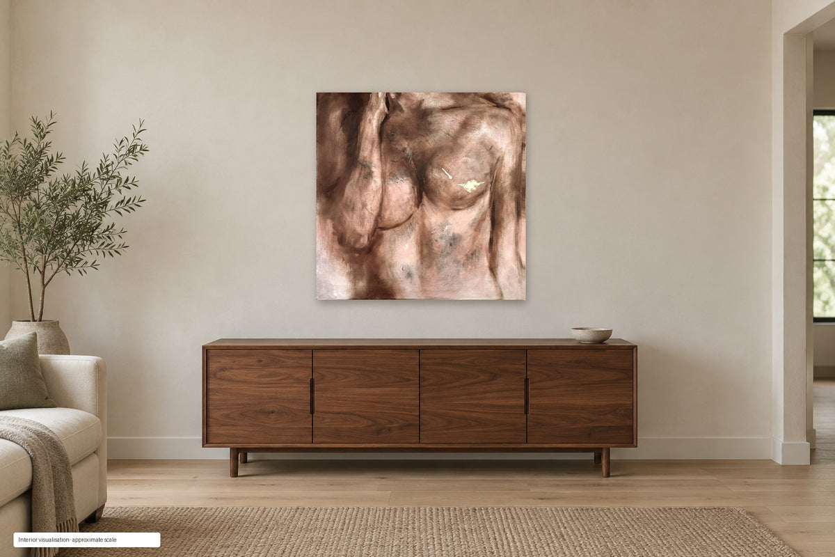 Golden Now by Roberta Heslop shown as an unframed deep-edge canvas in a home interior visualisation; approximate scale