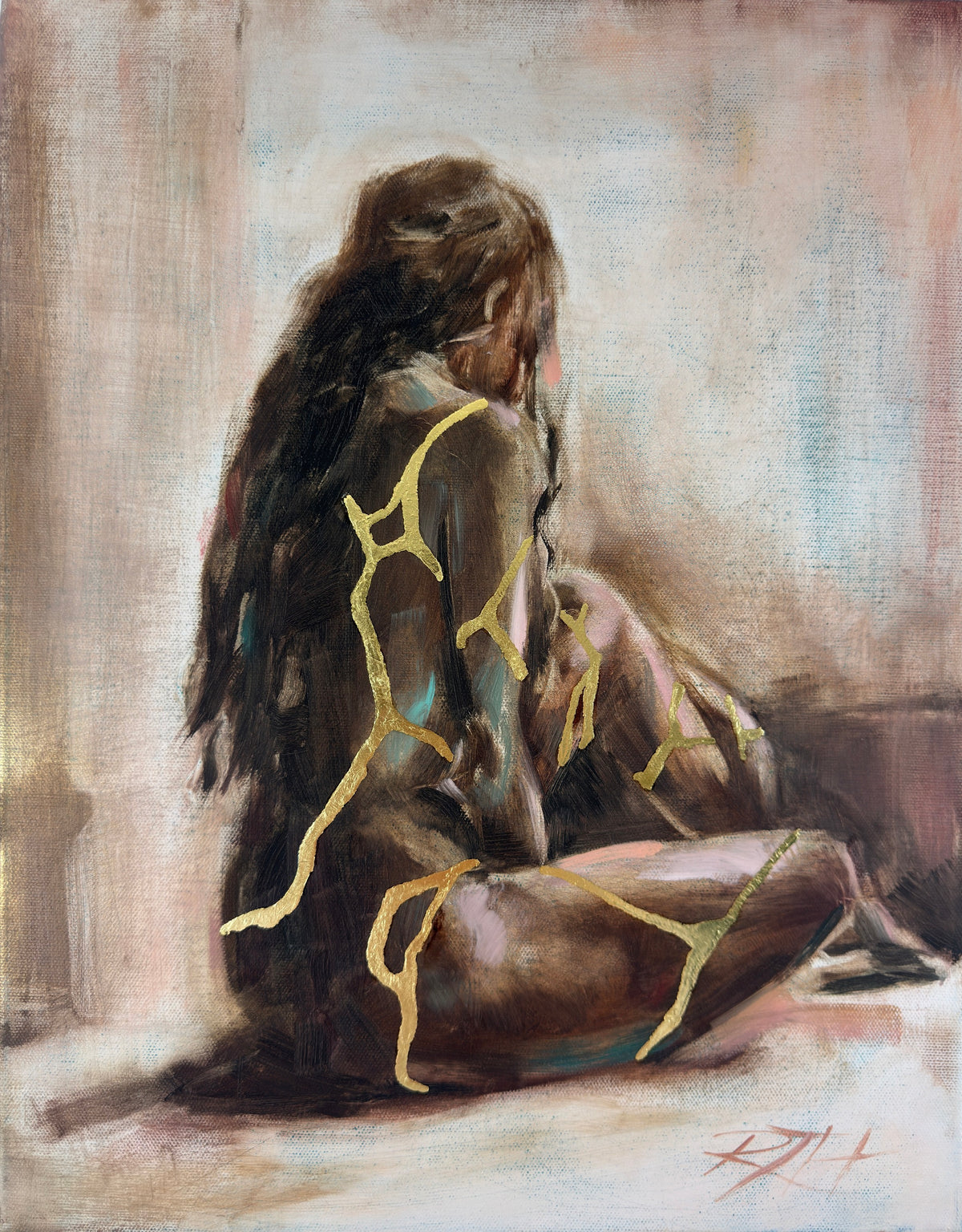Held Within by Roberta Heslop: seated female figure with dark hair and gold leaf lines against an earthy background
