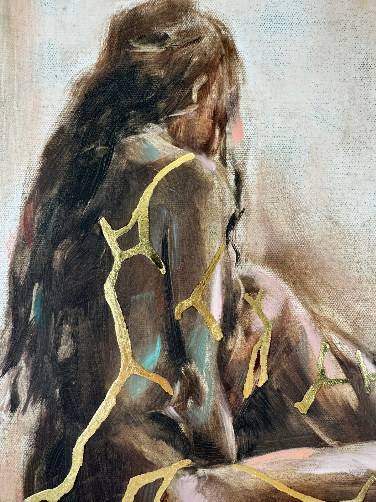 Held Within by Roberta Heslop: detail of the seated figure and gold leaf