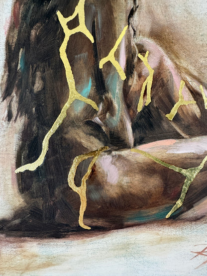 Held Within by Roberta Heslop: gold leaf lines across the seated figure in close-up