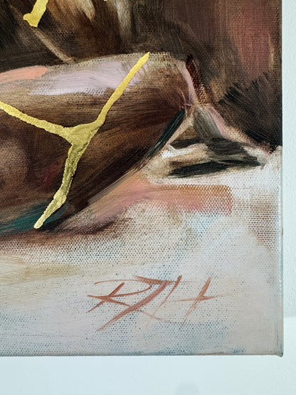 Held Within by Roberta Heslop: artist signature and gold leaf detail