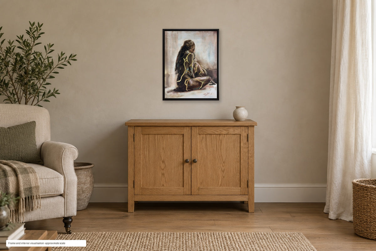 Held Within by Roberta Heslop shown in a dark brown floating-frame and home interior visualisation; approximate scale