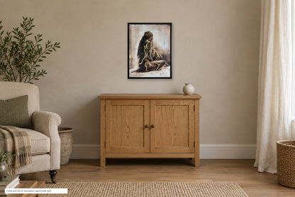 Held Within by Roberta Heslop shown in a dark brown floating-frame and home interior visualisation; approximate scale