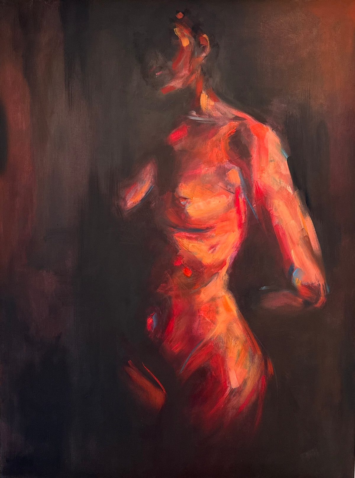 Risen by Roberta Heslop: standing female figure painted in fiery orange and red against deep shadows
