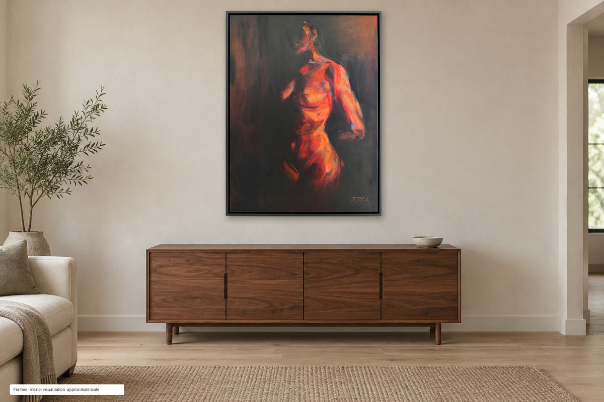 Risen by Roberta Heslop in its photographed black floating frame above a walnut sideboard; interior visualisation at approximate scale