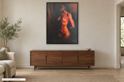 Risen by Roberta Heslop in its photographed black floating frame above a walnut sideboard; interior visualisation at approximate scale