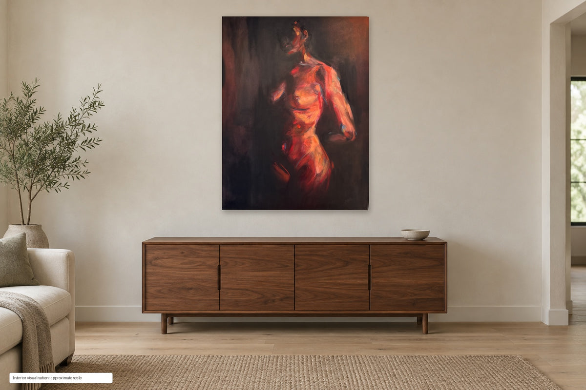 Risen by Roberta Heslop shown as an unframed deep-edge canvas in a home interior visualisation; approximate scale