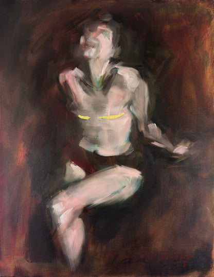 Shining Through by Roberta Heslop: seated female figure illuminated against a dark red-brown background with gold leaf