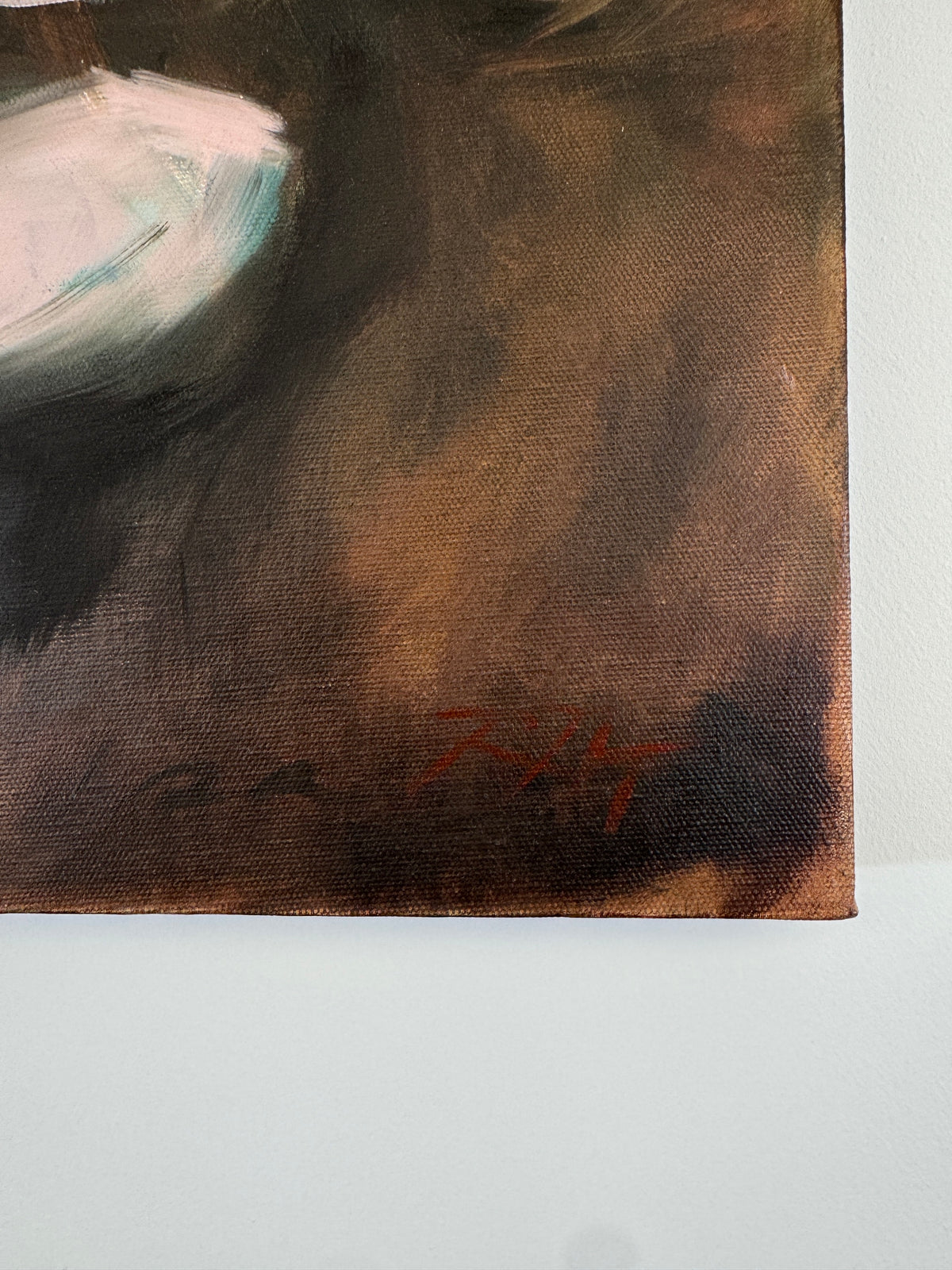 Shining Through by Roberta Heslop: artist signature on the dark painted background