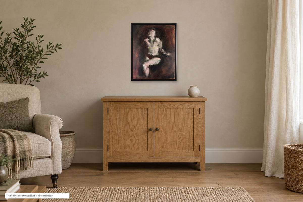 Shining Through by Roberta Heslop shown in a dark brown floating-frame and home interior visualisation; approximate scale