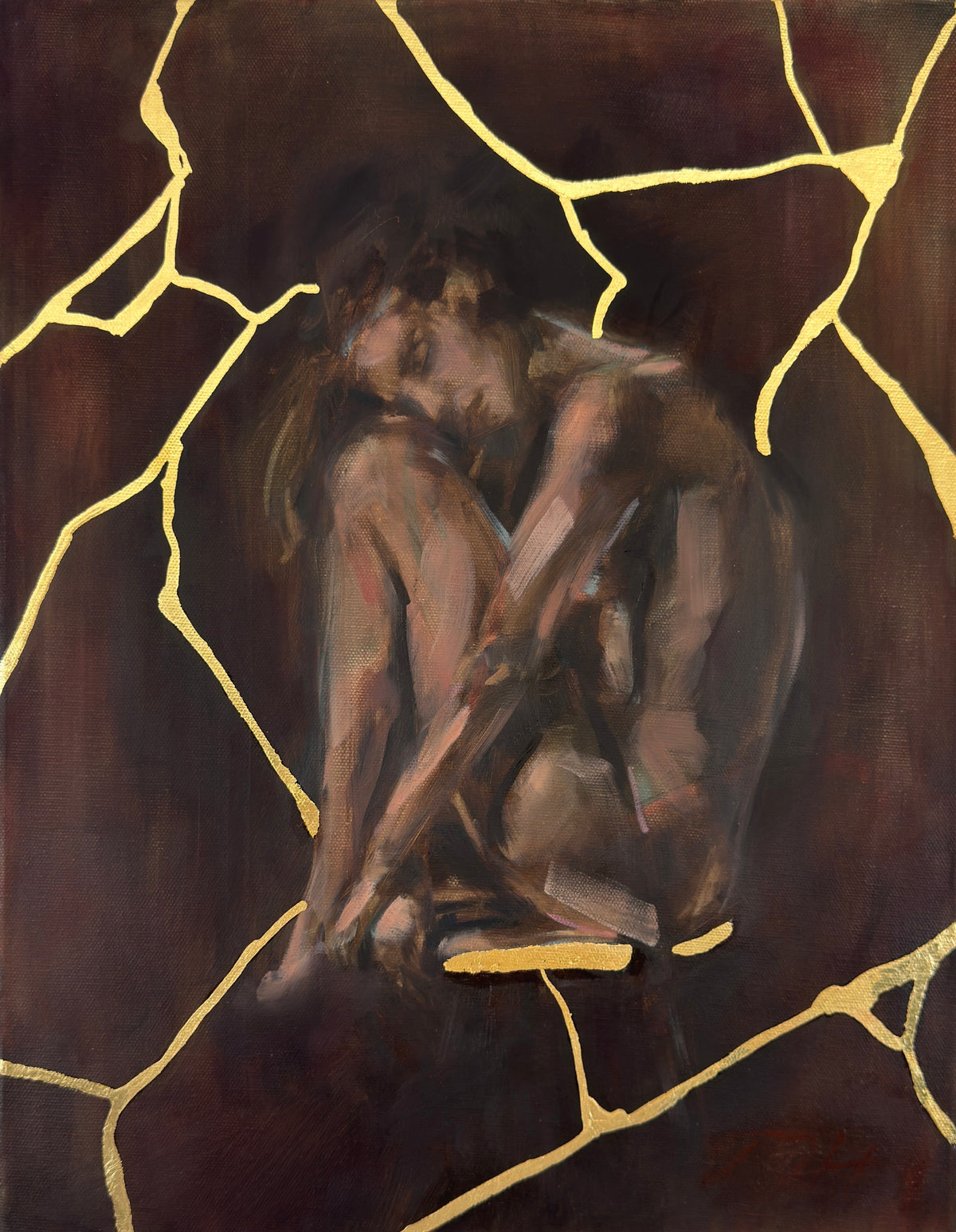 Unseen by Roberta Heslop: seated female figure viewed from behind, surrounded by branching gold leaf lines