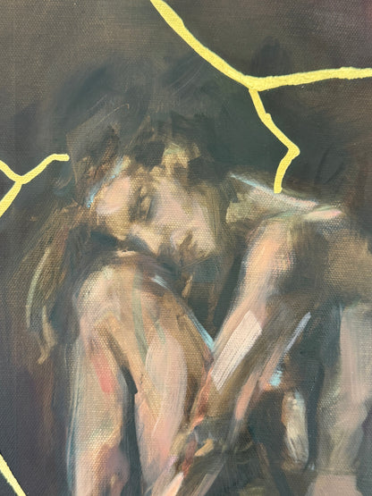 Unseen by Roberta Heslop: gold leaf lines crossing the painted background