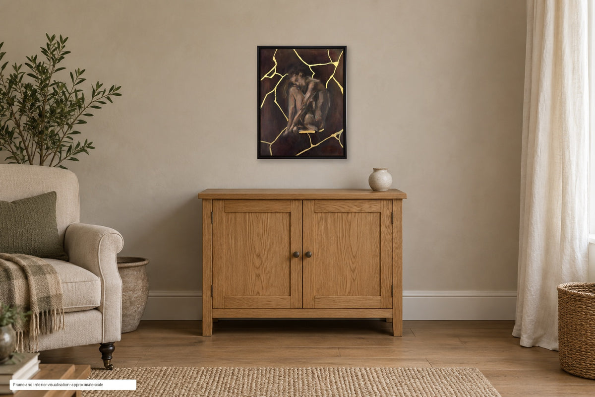 Unseen by Roberta Heslop shown in a dark brown floating-frame and home interior visualisation; approximate scale