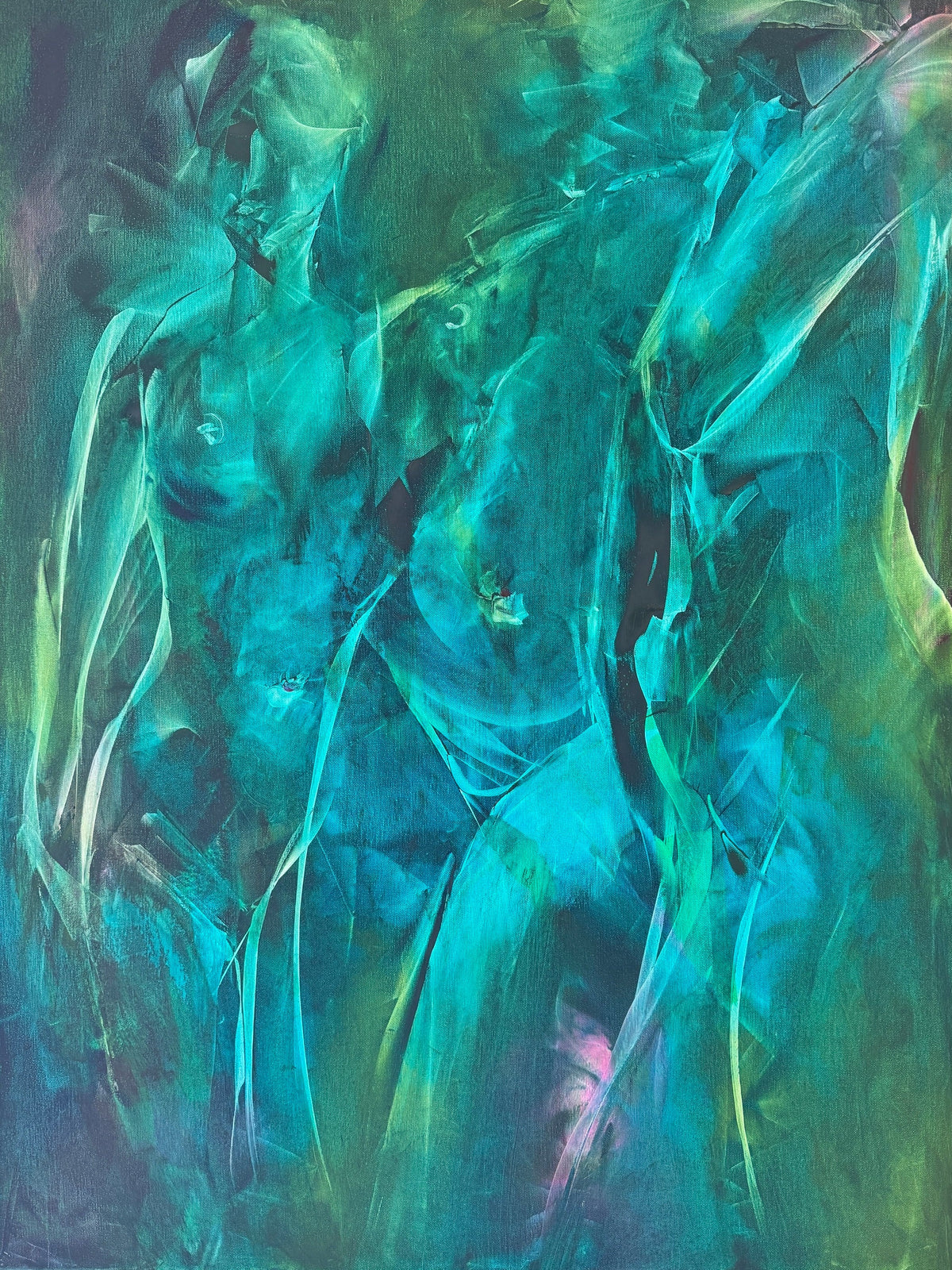 We Stand Abreast by Roberta Heslop: female figures standing together in expressive turquoise, blue and green brushwork