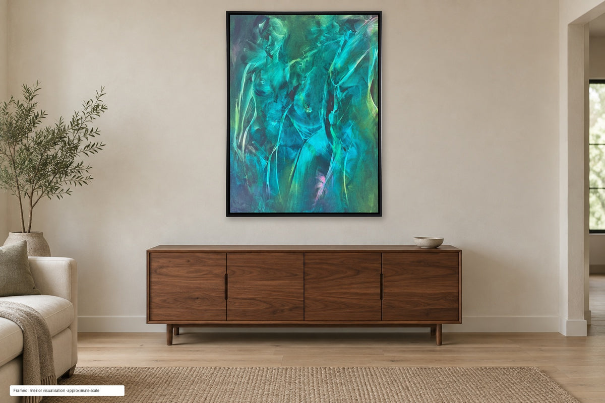 We Stand Abreast by Roberta Heslop in its photographed black floating frame above a walnut sideboard; interior visualisation at approximate scale