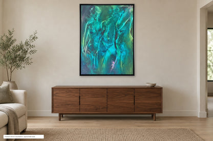 We Stand Abreast by Roberta Heslop in its photographed black floating frame above a walnut sideboard; interior visualisation at approximate scale