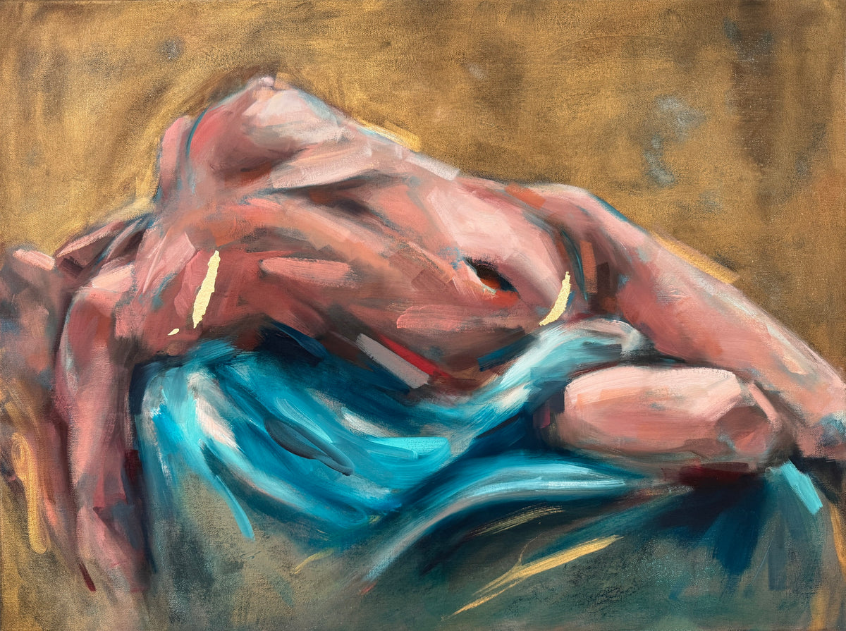 Wholly Herself by Roberta Heslop: reclining female figure on turquoise fabric against a golden background