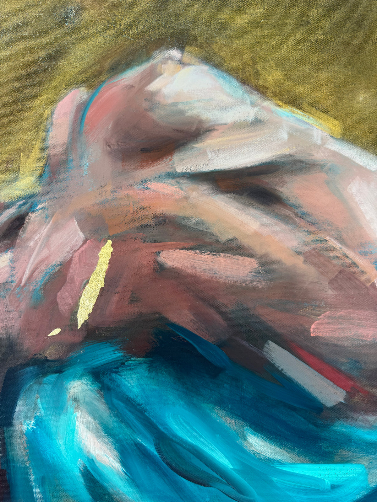 Wholly Herself by Roberta Heslop: close-up of the reclining figure and turquoise fabric