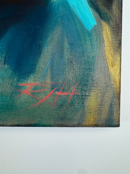 Wholly Herself by Roberta Heslop: artist signature and turquoise oil paint detail