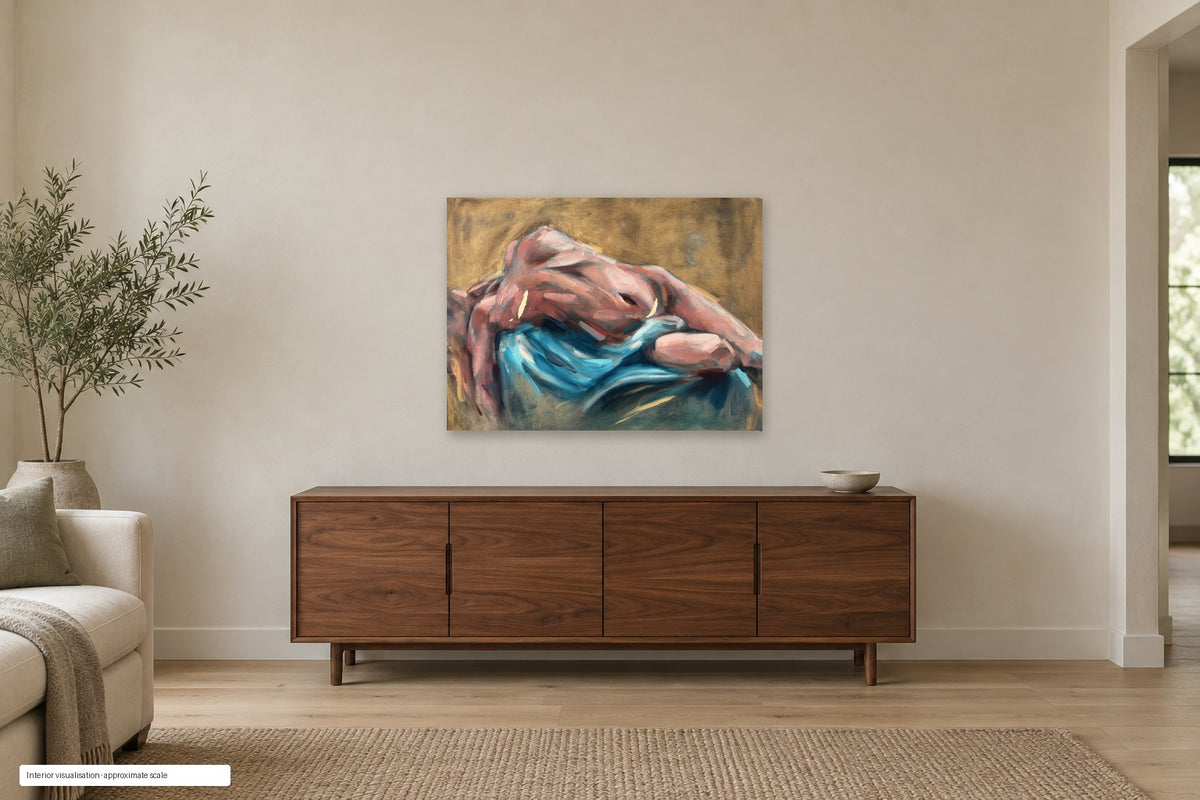 Wholly Herself by Roberta Heslop shown as an unframed deep-edge canvas in a home interior visualisation; approximate scale