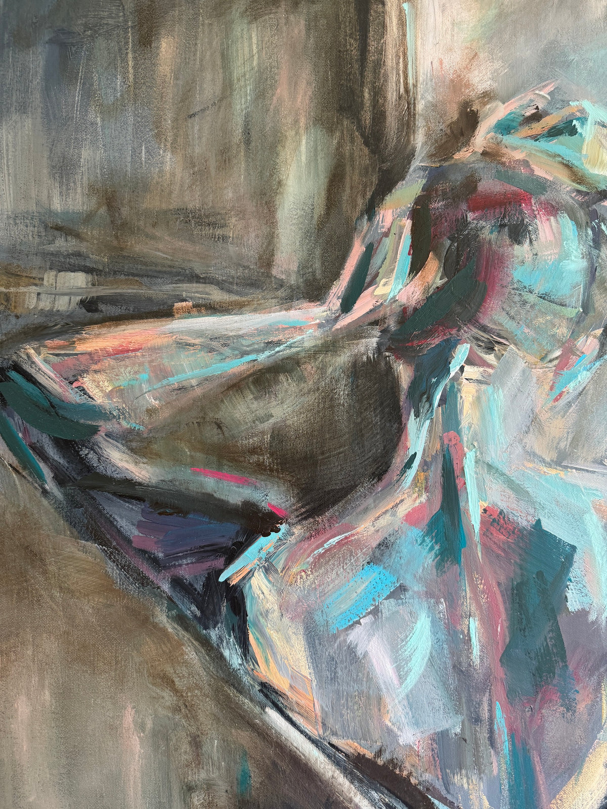 Detail of brushwork from Silent Eloquence, expressive strokes in teal, blush, and grey oil paint.