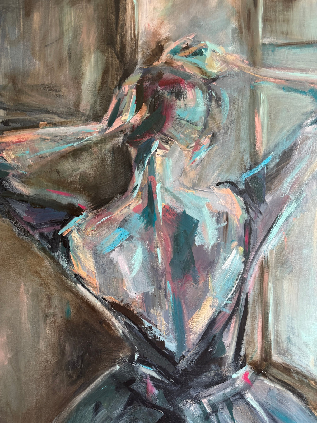 Soft tones and fluid movement in Silent Eloquence — sensual female form painting in oil.