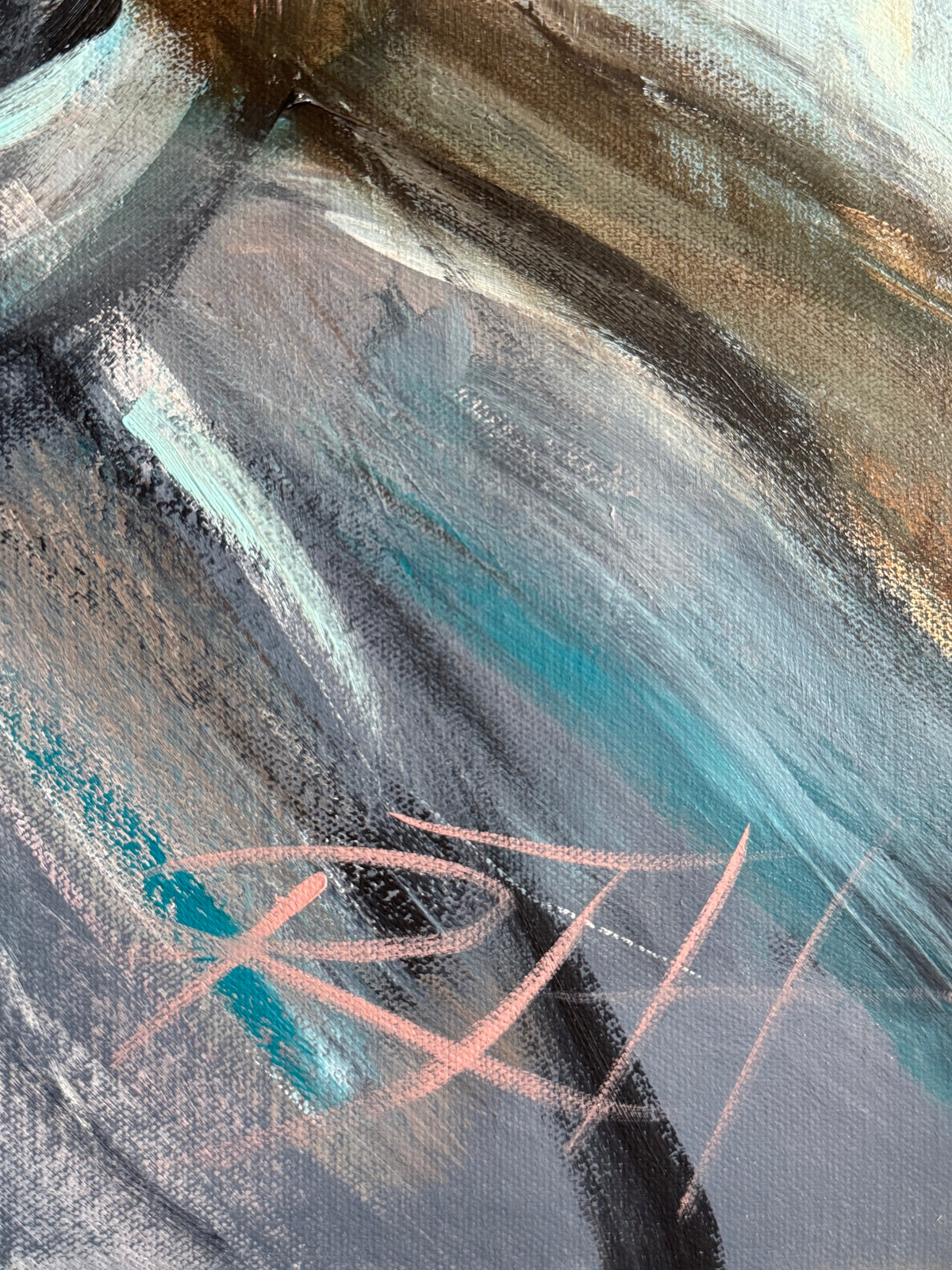 Close up of artist signature of Roberta Heslop on Silent Eloquence, original female form oil painting.