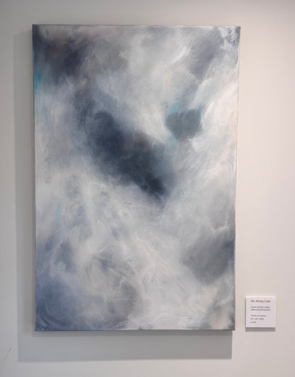 Ethereal abstract painting The Quiet Between hanging in gallery exhibition white space