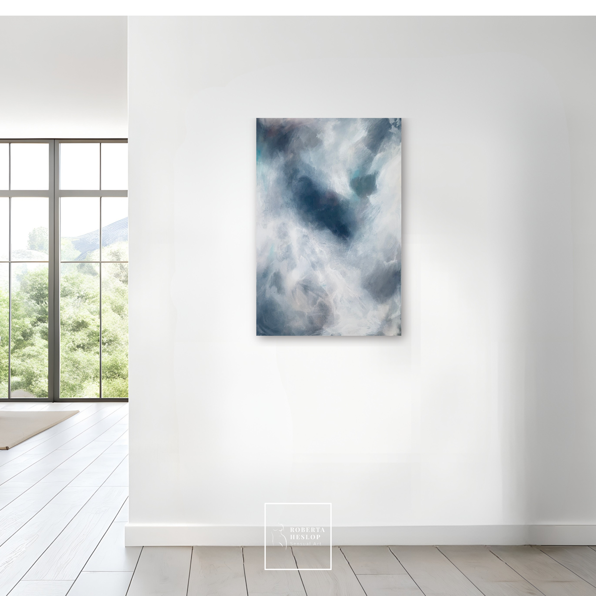 Abstract neutral painting The Quiet Between displayed in serene modern interior