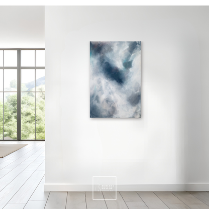 Abstract neutral painting The Quiet Between displayed in serene modern interior