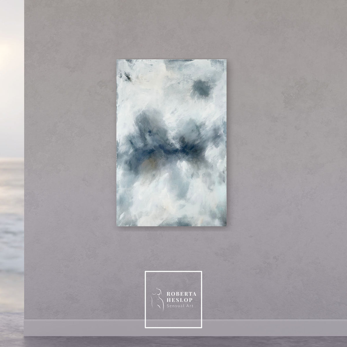 Abstract painting The Rising Calm hanging in light-filled gallery space