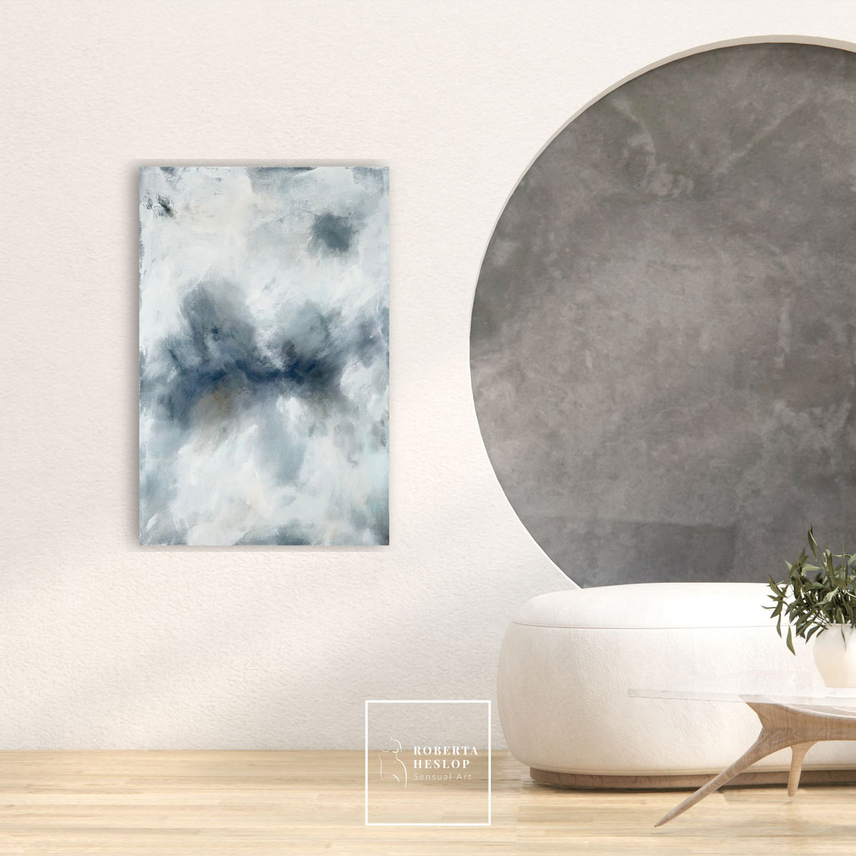 Abstract painting The Rising Calm displayed in modern living room interior