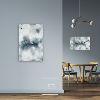 Abstract paintings The Rising Calm and Where Light Rests displayed in modern living dining room interior