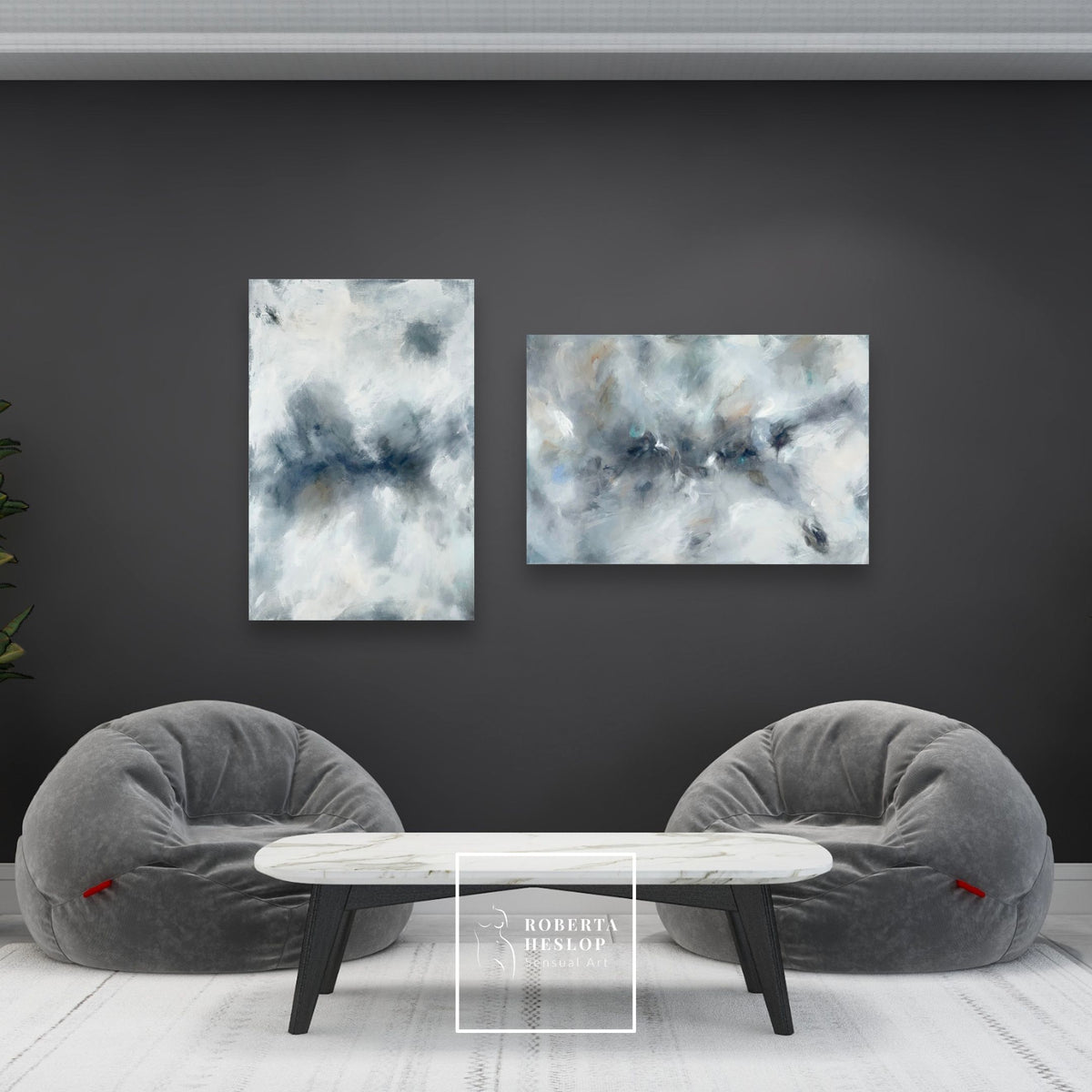 Contemporary art Where Light Rests  and The Rising Calm by Roberta Heslop in luxury home setting
