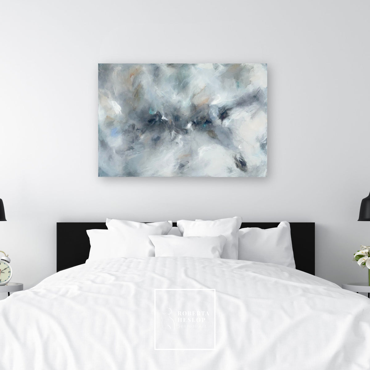 Soft abstract painting Where Light Rests in elegant bedroom interior