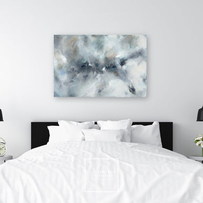 Soft abstract painting Where Light Rests in elegant bedroom interior