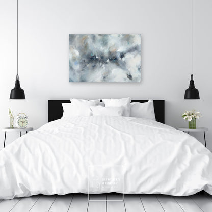Soft abstract painting Where Light Rests displayed in elegant bedroom interior