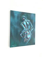 Load image into Gallery viewer, Come to me - Original oil painting by artist Roberta Heslop. Ethereal depiction of the female form, with sensual greens and pinks and a soft, empowered presence. Contemporary art celebrating feminine energy and liberation hanging on a wall showing details of the gallery wrap edge.